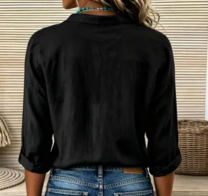 Damen Casual Schwarze Langarm Baumwolle Leinen Hemd Revers Bluse Oberteil Mode