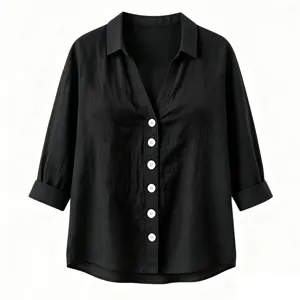 Schwarzes Leinen-Baumwoll-Langarmhemd mit Knöpfen, lässiges Revers-Design für Damen.