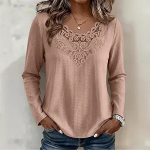 Elegant Women's V-Neck Lace Patchwork Waffle Knit Long Sleeve Casual Top Fashion