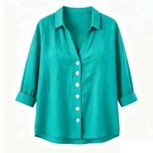 Damen Casual Langarm Revers Knopf Baumwolle Leinen Bluse Einfarbig Hemd Oberteil