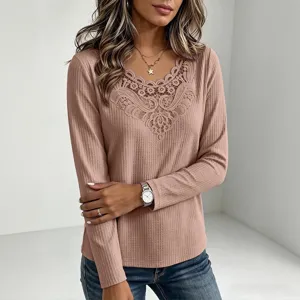 Women's casual long sleeve waffle knit t-shirt featuring elegant lace trim V-neck design.