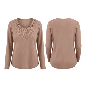 Women long sleeve waffle knit t-shirt with lace V-neck casual autumn winter top basic pullover.