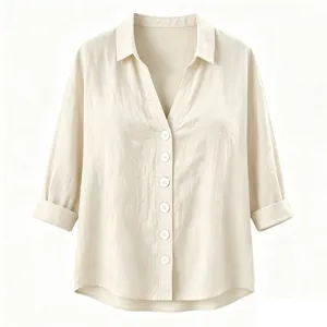 Detailansicht des Damen Revers Knopf Langarm Leinenhemd Stoffes und Knopfes Design.