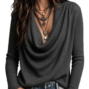 Mujer Color Sólido Manga Larga Punto Cuello Drapeado Jersey Top Moda Otoño Casual