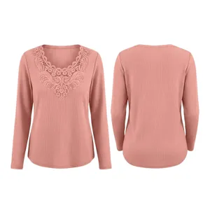 Women's waffle knit long sleeve T-shirt with delicate lace V-neck trim and casual fit.