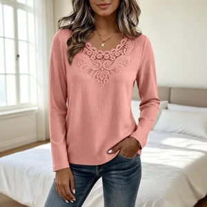 Casual waffle long-sleeve t-shirt for women featuring elegant lace trim V-neck design.