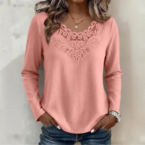 Casual waffle knit long sleeve top for women featuring elegant lace V-neck trim design.