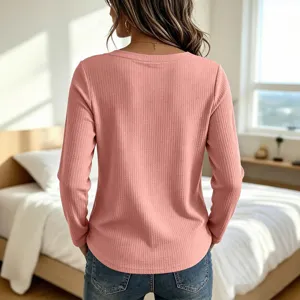 Women's Casual Long Sleeve Ribbed Knit T-Shirt Solid Color Basic Pullover Top Pink