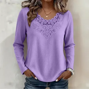 Women casual purple waffle long sleeve t-shirt featuring elegant lace V-neck trim and cuffs.