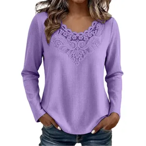 Purple waffle knit long sleeve top featuring delicate lace V-neck detail for women.