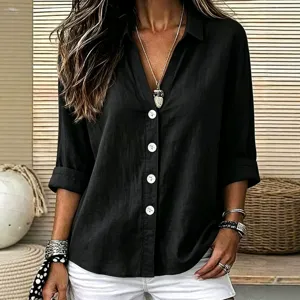 Damen langarm knopfleiste leinenhemd freizeit lose elegante bluse top mit reverskragen