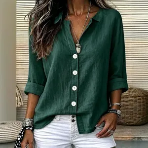 Damen Langarm Leinenhemd V-Ausschnitt Revers Knopfleiste Lässige Lose Sommer Bluse Top