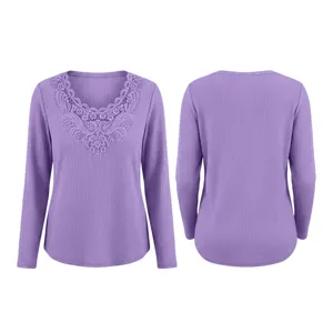 Women casual waffle knit long sleeve t-shirt with elegant lace V-neck autumn top