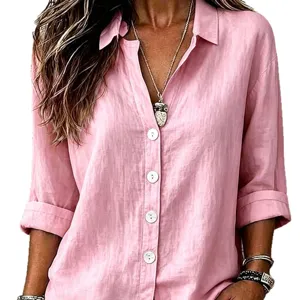 Rosa langarm Leinen Hemd mit Knopfleiste laessige lose Bluese fuer Damen Alltag neu.