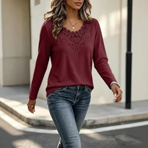 Long sleeve t-shirt top with lace patchwork and waffle knit detail, ideal for casual wear.