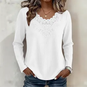 White waffle knit long sleeve top featuring delicate lace V-neck trim and casual slim fit.