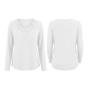 Casual women's white waffle knit long sleeve t-shirt with elegant lace V-neck detail view.
