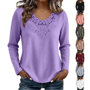 Women Waffle Knit Long Sleeve T-Shirt Lace Patchwork V Neck Casual Solid Color Pullover Top For Autumn Winter Ladies Clothing