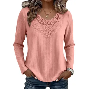 Women's Casual Waffle Knit Long Sleeve T-Shirt Elegant V-Neck Top with Beautiful Lace Trim