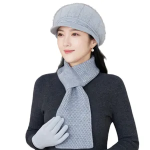 Winter warm knitted hat scarf and gloves set for women grey thick fleece lined cozy beanie