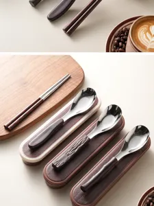 Detailed shot of stainless steel spoon and chopstick set with stylish wood grain handles.