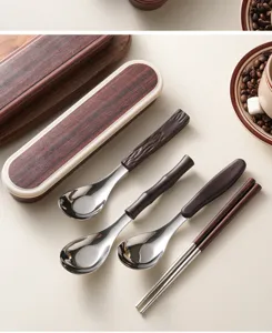 Stainless steel spoon chopsticks set wood grain portable tableware box for daily dining use