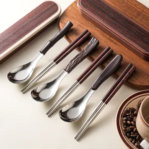 304 Stainless Steel Spoon Chopsticks Set With Wood Grain Handle Portable Tableware Set With Storage Box For Office Student Travel Picnic Dinnerware