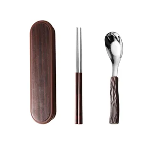Portable stainless steel chopsticks spoon set with wood grain storage case for students.