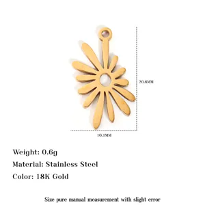 Detailed view of stainless steel abstract flower pendant, 18k gold color, 0.6g weight.
