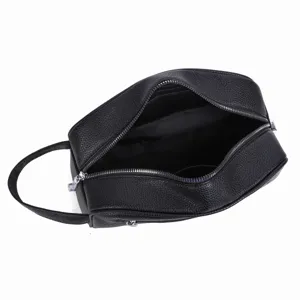 Black men's casual leather clutch bag with zipper and handle detail, large capacity design.