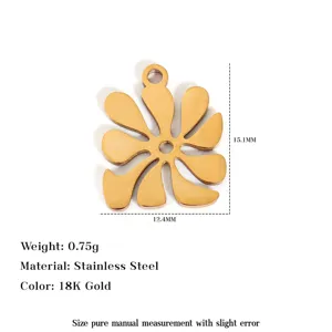 Stainless steel wave flower pendant, 18K gold plated, 12.4x15.1mm, lightweight 0.75g jewelry accessory.