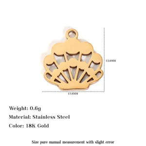 Detalle de colgante de concha de acero inoxidable dorado 18K con peso de 0.6g y dimensiones.