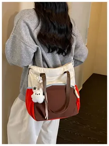 Sac cabas fourre-tout colorblock en toile avec charm lapin en peluche mignon sac épaule