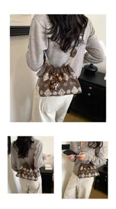 Retro Chinese style embroidered shoulder bag, brown canvas crossbody bag with wooden bead pendant
