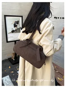 Stylish vintage brown shoulder boston bag for women, elegant commuter handbag for autumn daily use.