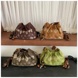 Retro ethnic style retro velvet bucket shoulder bag casual crossbody retro bag details