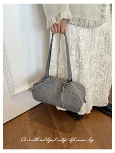 Grey cylindrical vintage shoulder bag for women, versatile PU leather Boston handbag.