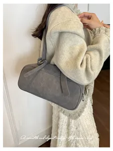 Grey vintage shoulder boston bag for women minimalist casual commuter handbag elegant daily use
