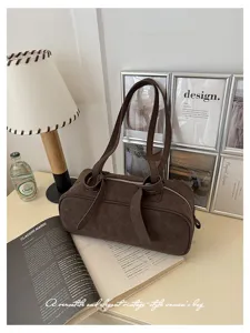 Brown vintage boston shoulder bag, minimalist casual handbag, stylish daily commuter tote.
