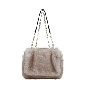 Bolso bandolera de felpa suave para mujer, bolso de hombro peludo casual con cadena elegante.