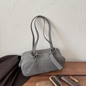 Women Retro PU Leather Boston Handbag Solid Color Simple Niche Shoulder Bag Commuter Zipper Closure Dual Strap Pillow Shape Bag