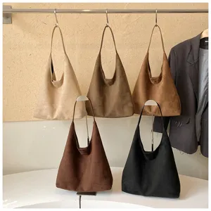 Borsa a tracolla rétro in camoscio monocolore, borsa shopper quotidiana capiente.