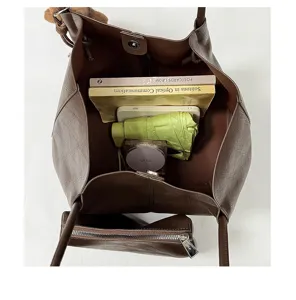 Bolso tote grande de cuero trenzado marrón para mujer, elegante bolso de hombro casual con bolsa.