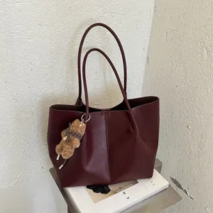 Bolso tote grande burdeos para mujer de piel sintética bolso casual con colgante de oso