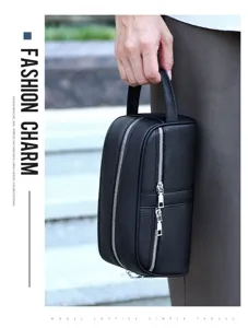 Men black leather clutch bag large capacity travel toiletry pouch casual handbag with handle