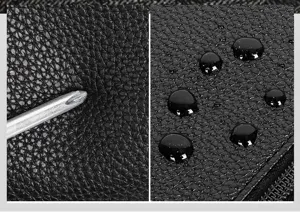 Men's clutch detail image showing scratch-resistant and waterproof black leather texture.