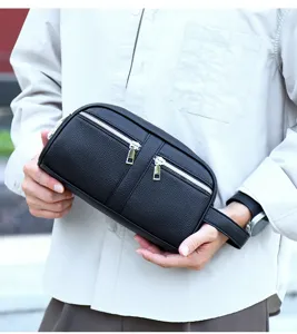 Men black leather clutch bag detail, daily business casual wrist pouch with double zippers.