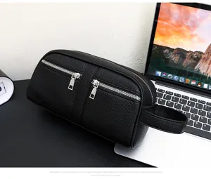 Black leather clutch bag for men, large capacity toiletry bag with double zipper pockets.