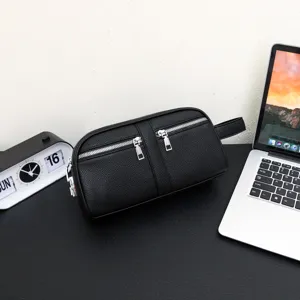 Men's black leather clutch bag large capacity minimalist dopp kit travel toiletry bag