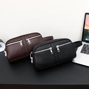 Men's leather clutch bag business casual large capacity double zipper purse handbag black brown